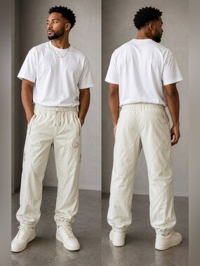 Cookies Men's First Crepe Jogger Pants Cream Angled Seams Zip Pockets Large L